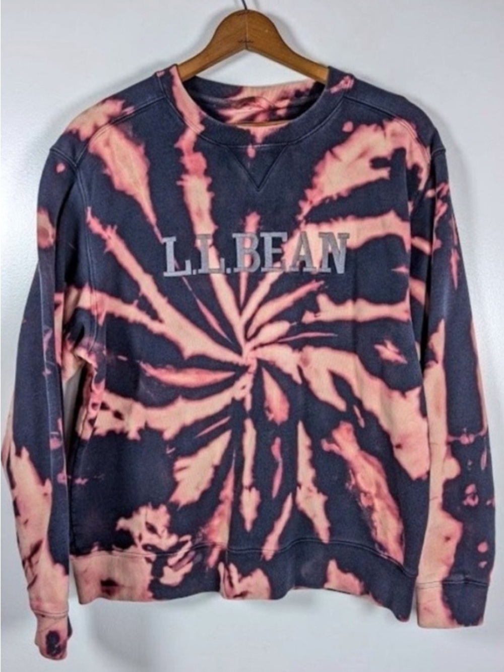 Vintage LL Bean Tie Dye Crewneck Sweatshirt Pink Navy Spiral Size L